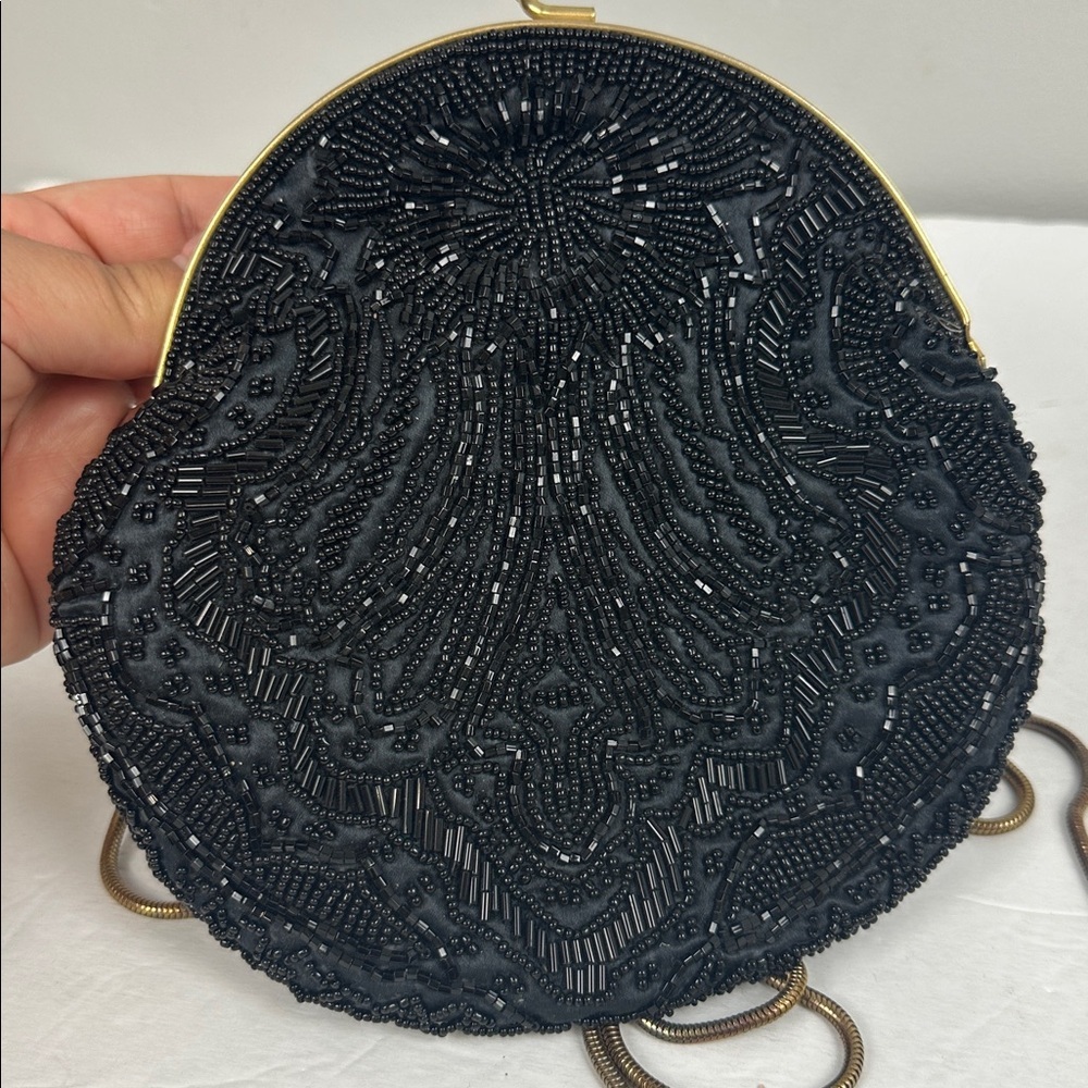 Vintage Black Silk Beaded Kiss Lock Clutch Purse - Picture 4 of 12